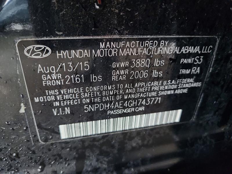 2016 Hyundai Elantra მანქანა იყიდება აუქციონზე, vin: 5NPDH4AE4GH743771, აუქციონის ნომერი: 57629366