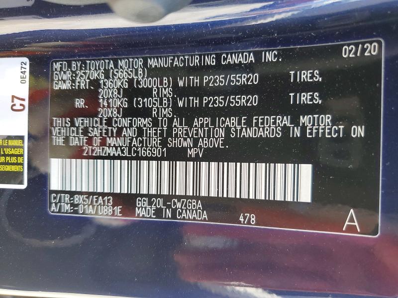 57707916 :رقم المزاد ، 2T2HZMAA3LC166901 vin ، 2020 Lexus Rx مزاد بيع