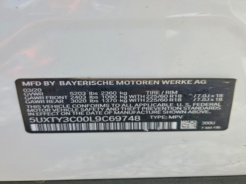 58038726 :رقم المزاد ، 5UXTY3C00L9C69748 vin ، 2020 Bmw X3 مزاد بيع