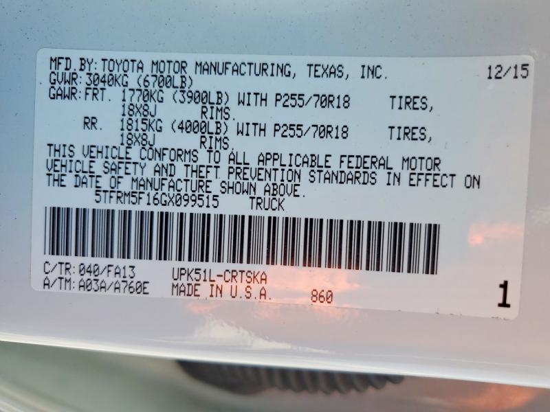 58427766 :رقم المزاد ، 5TFRM5F16GX099515 vin ، 2016 Toyota Tundra مزاد بيع