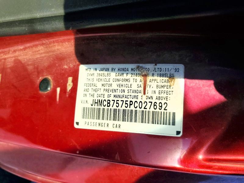 95588285 :رقم المزاد ، JHMCB7575PC027692 vin ، 1993 Honda Accord مزاد بيع