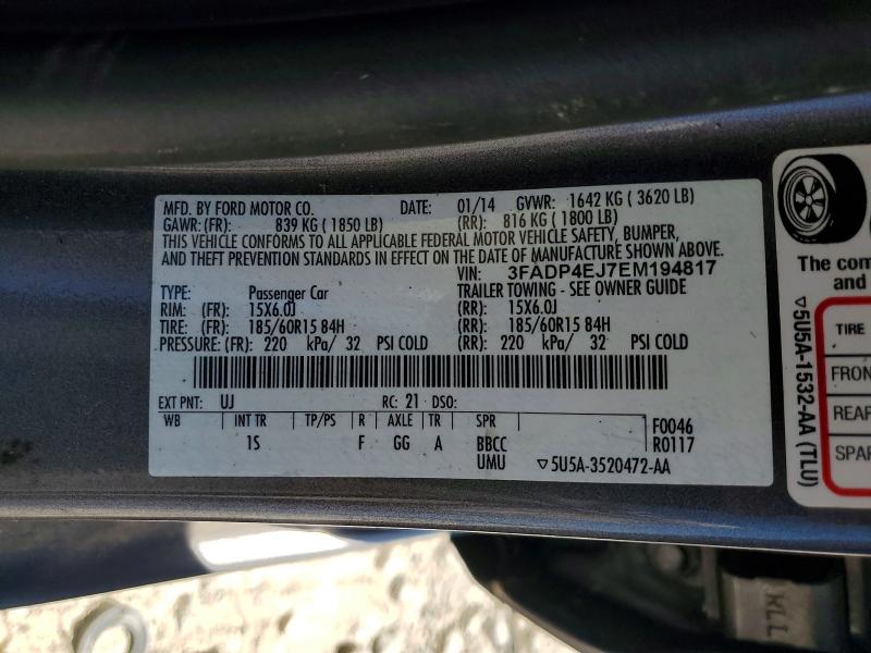 2014 Ford Fiesta მანქანა იყიდება აუქციონზე, vin: 3FADP4EJ7EM194817, აუქციონის ნომერი: 55823016