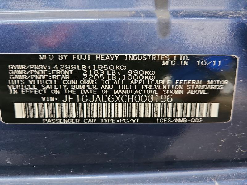 Aukcja sprzedaży 2012 Subaru Impreza, vin: JF1GJAD6XCH008196, numer aukcji: 56064446