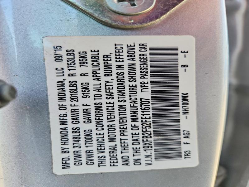 Продаж на аукціоні авто 2015 Honda Civic, vin: 19XFB2F52FE116707, номер лоту: 56025606