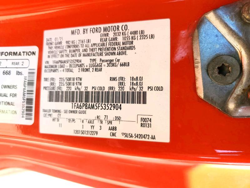 Auction sale of the 2015 Ford Mustang, vin: 1FA6P8AM5F5352904, lot number: 56337866