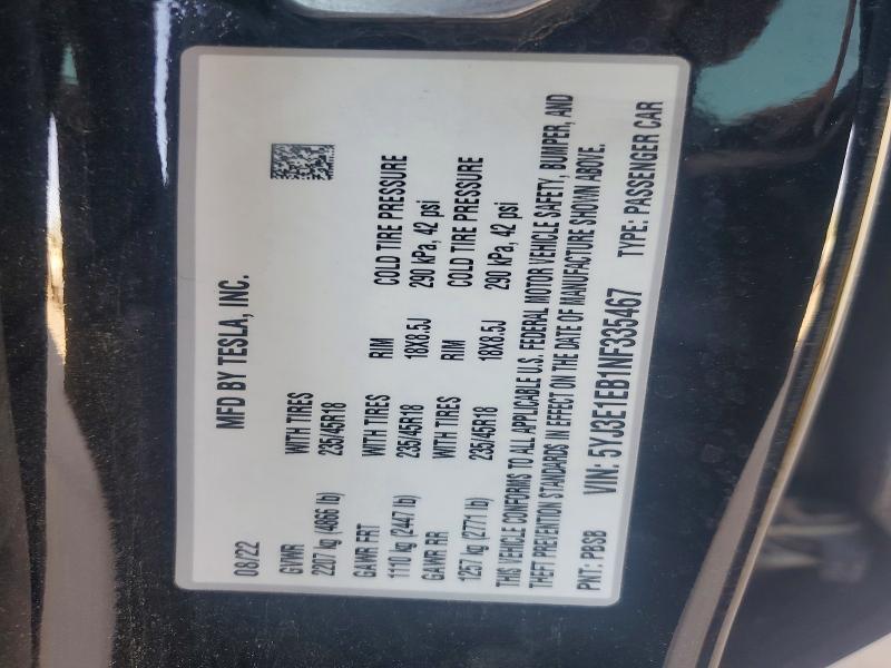 55602666 :رقم المزاد ، 5YJ3E1EB1NF335467 vin ، 2022 Tesla Model 3 مزاد بيع