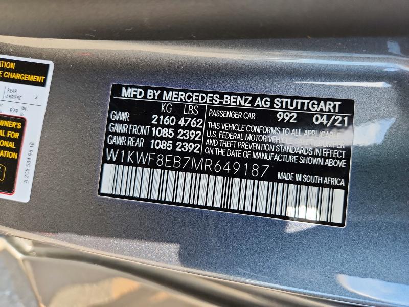 Продажа на аукционе авто 2021 Mercedes-benz C, vin: W1KWF8EB7MR649187, номер лота: 55761306