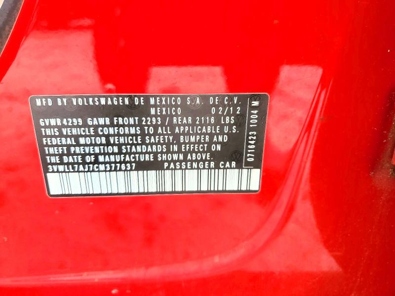 2012 Volkswagen Jetta მანქანა იყიდება აუქციონზე, vin: 3VWLL7AJ7CM377637, აუქციონის ნომერი: 58462106