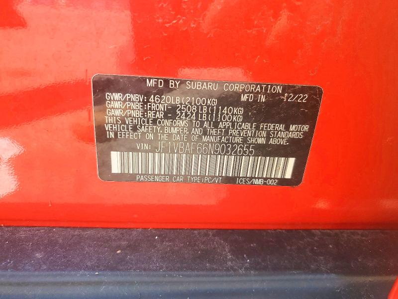 Продажа на аукционе авто 2022 Subaru Wrx, vin: JF1VBAF66N9032655, номер лота: 58748096