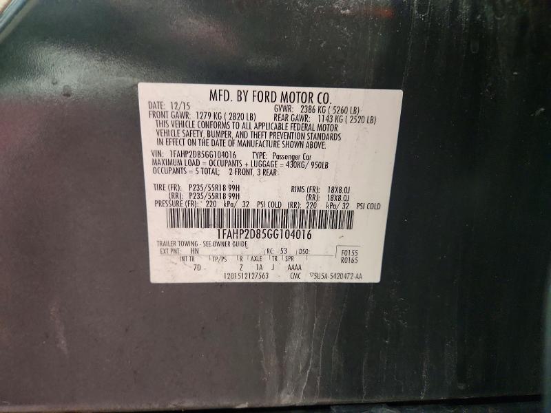59001796 :رقم المزاد ، 1FAHP2D85GG104016 vin ، 2016 Ford Taurus مزاد بيع