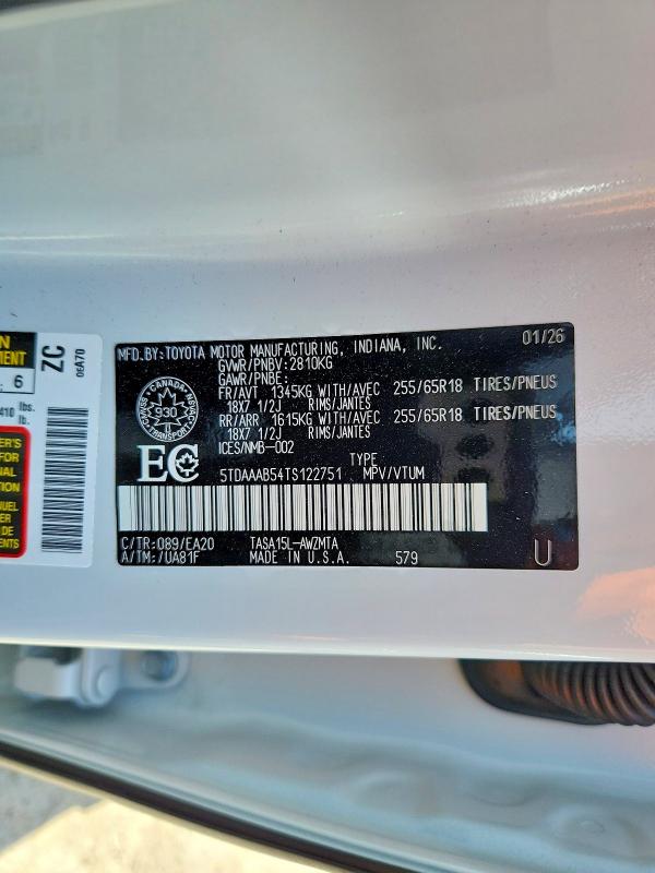 2026 Toyota Grand Highlander მანქანა იყიდება აუქციონზე, vin: 5TDAAAB54TS122751, აუქციონის ნომერი: 54656476
