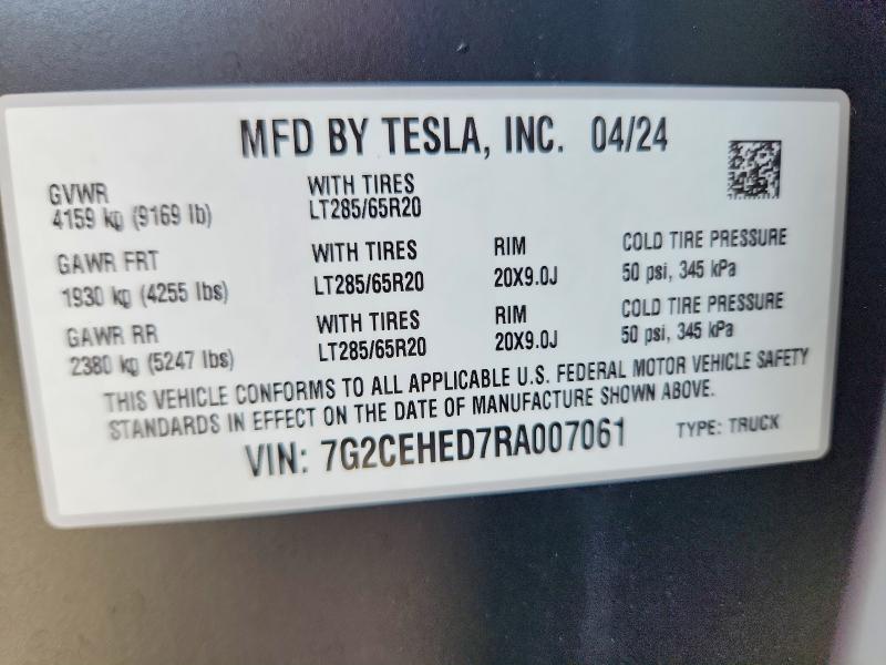 2024 Tesla Cybertruck მანქანა იყიდება აუქციონზე, vin: 7G2CEHED7RA007061, აუქციონის ნომერი: 56186156