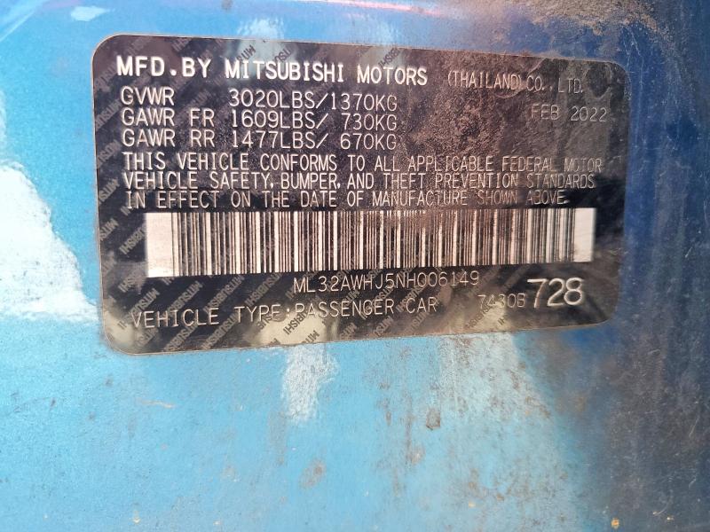 Aukcja sprzedaży 2022 Mitsubishi Mirage, vin: ML32AWHJ5NH006149, numer aukcji: 57885596