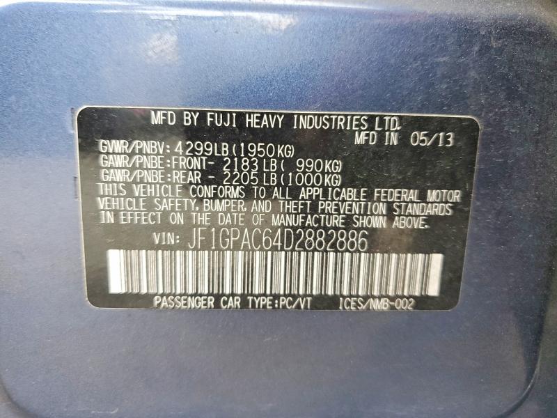 2013 Subaru Impreza მანქანა იყიდება აუქციონზე, vin: JF1GPAC64D2882886, აუქციონის ნომერი: 58846496