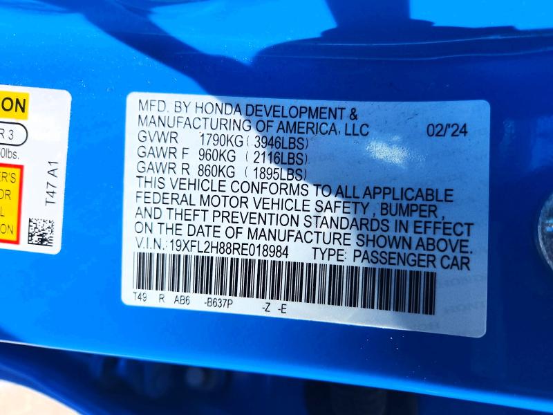 Продажа на аукционе авто 2024 Honda Civic, vin: 19XFL2H88RE018984, номер лота: 59355496
