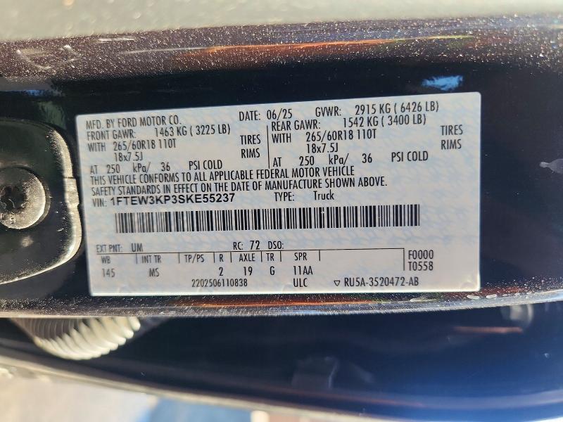 58130856 :رقم المزاد ، 1FTEW3KP3SKE55237 vin ، 2025 Ford F150 مزاد بيع