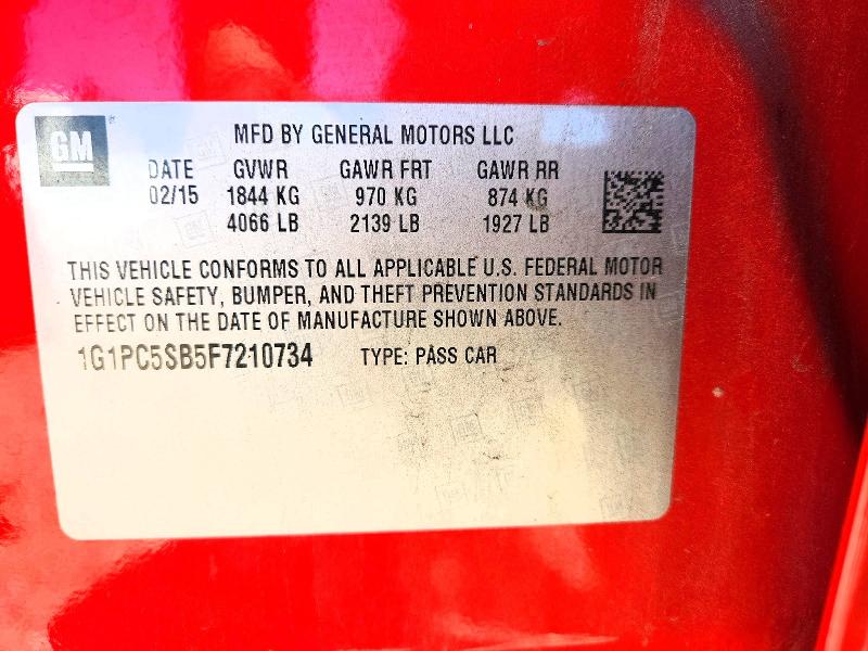 2015 Chevrolet Cruze მანქანა იყიდება აუქციონზე, vin: 1G1PC5SB5F7210734, აუქციონის ნომერი: 57844676