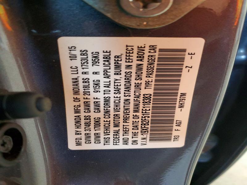 Продаж на аукціоні авто 2015 Honda Civic, vin: 19XFB2F51FE118383, номер лоту: 57018636