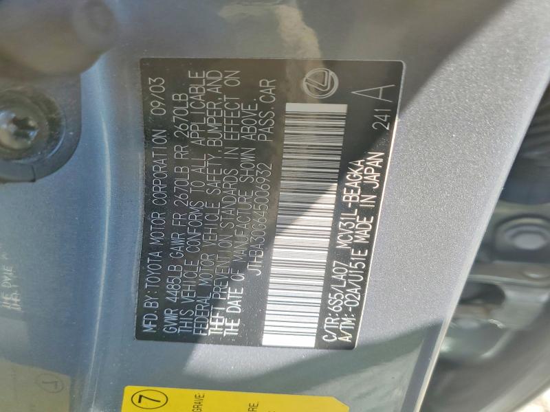 Aukcja sprzedaży 2004 Lexus Es, vin: JTHBA30G645006932, numer aukcji: 57361096