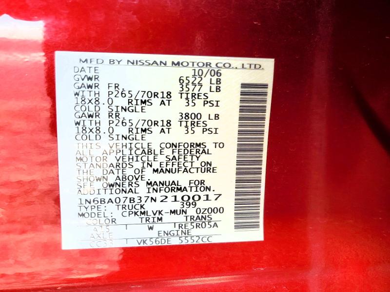 58091846 :رقم المزاد ، 1N6BA07B37N210017 vin ، 2007 Nissan Titan مزاد بيع