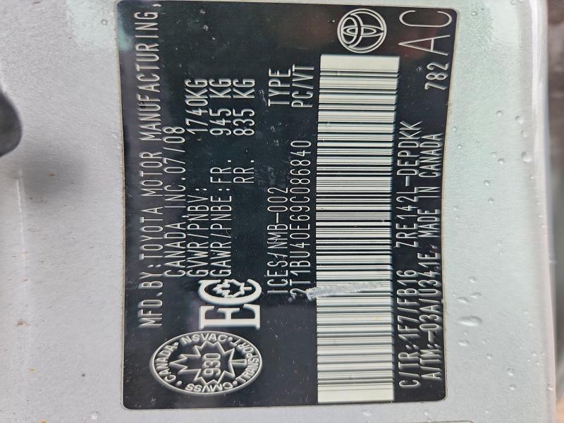 52409086 :رقم المزاد ، 2T1BU40E69C086840 vin ، 2009 Toyota Corolla مزاد بيع