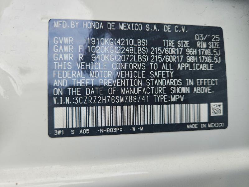 2025 Honda Hr-v მანქანა იყიდება აუქციონზე, vin: 3CZRZ2H76SM788741, აუქციონის ნომერი: 56847096