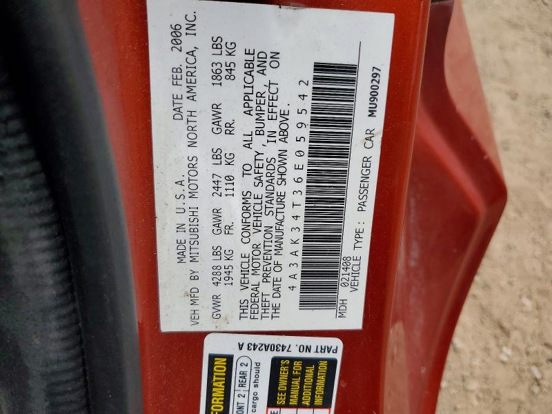Продажа на аукционе авто 2006 Mitsubishi Eclipse, vin: 4A3AK34T36E059542, номер лота: 57926716