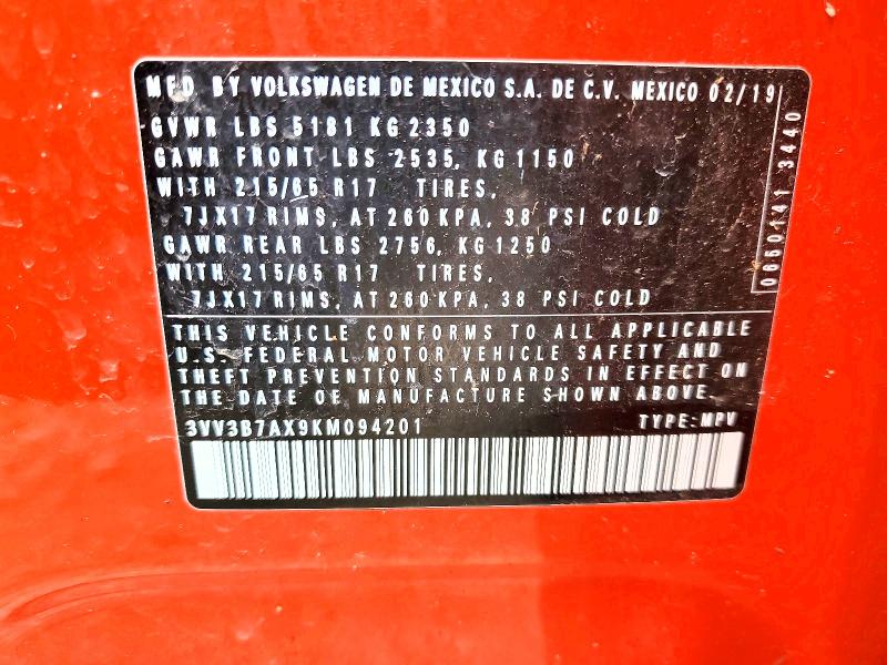 55943796 :رقم المزاد ، 3VV3B7AX9KM094201 vin ، 2019 Volkswagen Tiguan مزاد بيع