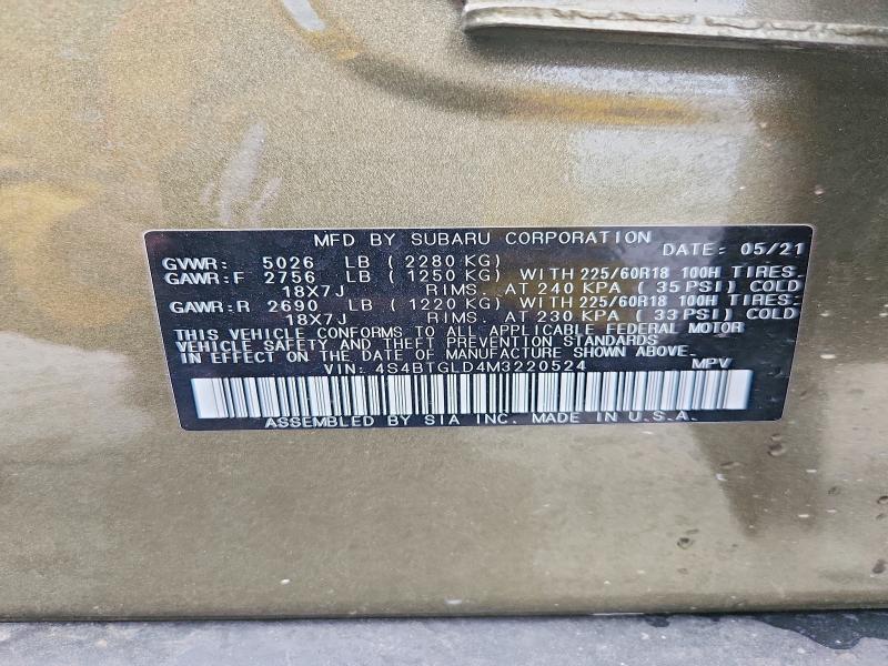 Продаж на аукціоні авто 2021 Subaru Outback, vin: 4S4BTGLD4M3220524, номер лоту: 56350706