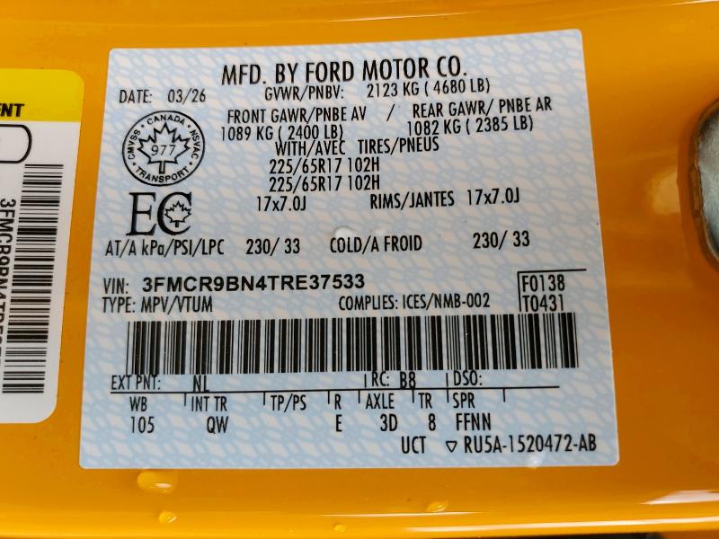 Aukcja sprzedaży 2026 Ford Bronco Sport, vin: 3FMCR9BN4TRE37533, numer aukcji: 58514476