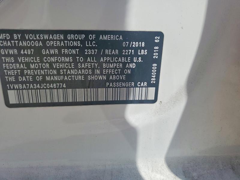 58774156 :رقم المزاد ، 1VWBA7A34JC046774 vin ، 2018 Volkswagen Passat مزاد بيع