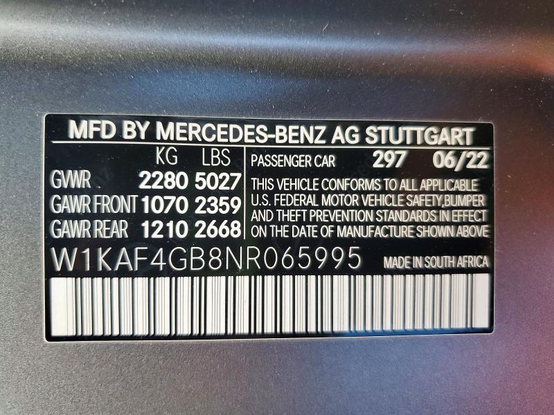 2022 Mercedes-benz C მანქანა იყიდება აუქციონზე, vin: W1KAF4GB8NR065995, აუქციონის ნომერი: 56320456
