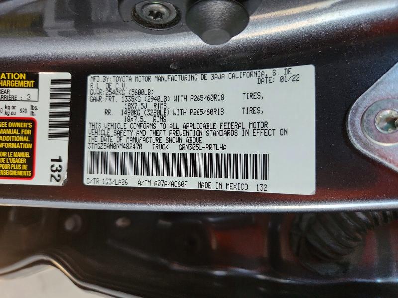 56187726 :رقم المزاد ، 3TMGZ5AN0NM482470 vin ، 2022 Toyota Tacoma مزاد بيع