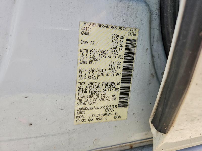 58094606 :رقم المزاد ، 1N6AD0ER7GN749338 vin ، 2016 Nissan Frontier مزاد بيع