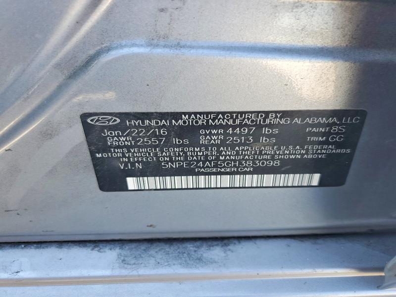 2016 Hyundai Sonata მანქანა იყიდება აუქციონზე, vin: 5NPE24AF5GH383098, აუქციონის ნომერი: 57196666