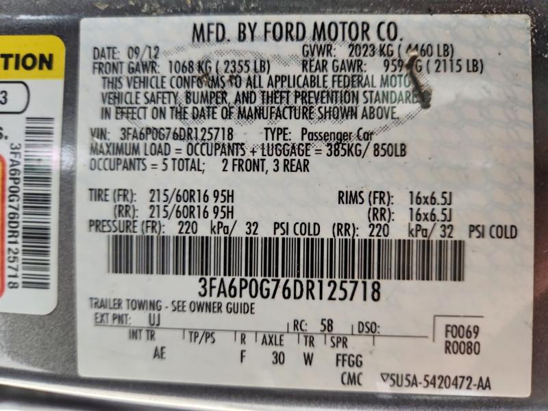 2013 Ford Fusion 4d მანქანა იყიდება აუქციონზე, vin: 3FA6P0G76DR125718, აუქციონის ნომერი: 57623326