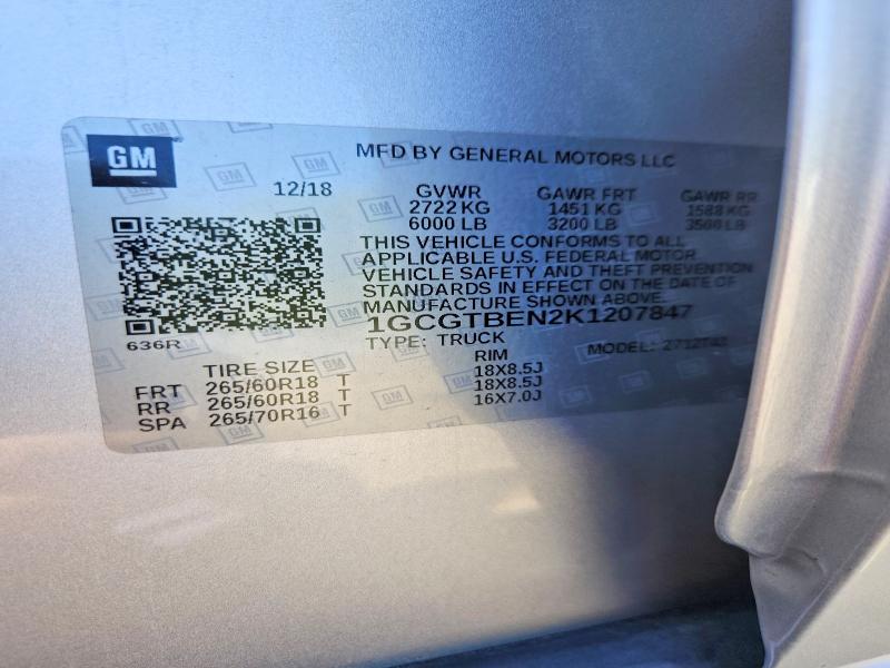 2019 Chevrolet Colorado მანქანა იყიდება აუქციონზე, vin: 1GCGTBEN2K1207847, აუქციონის ნომერი: 57243216
