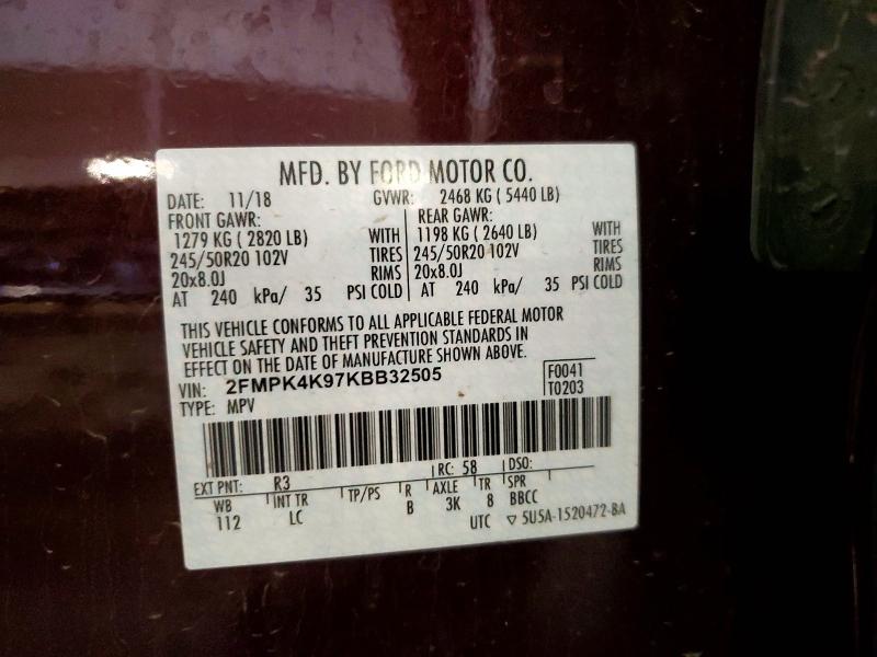 59186266 :رقم المزاد ، 2FMPK4K97KBB32505 vin ، 2019 Ford Edge مزاد بيع