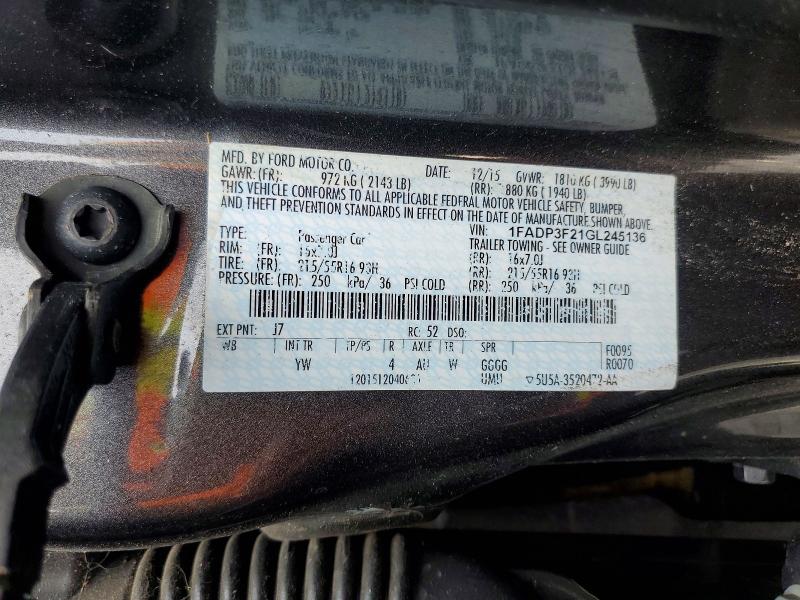 58586536 :رقم المزاد ، 1FADP3F21GL245136 vin ، 2016 Ford Focus مزاد بيع