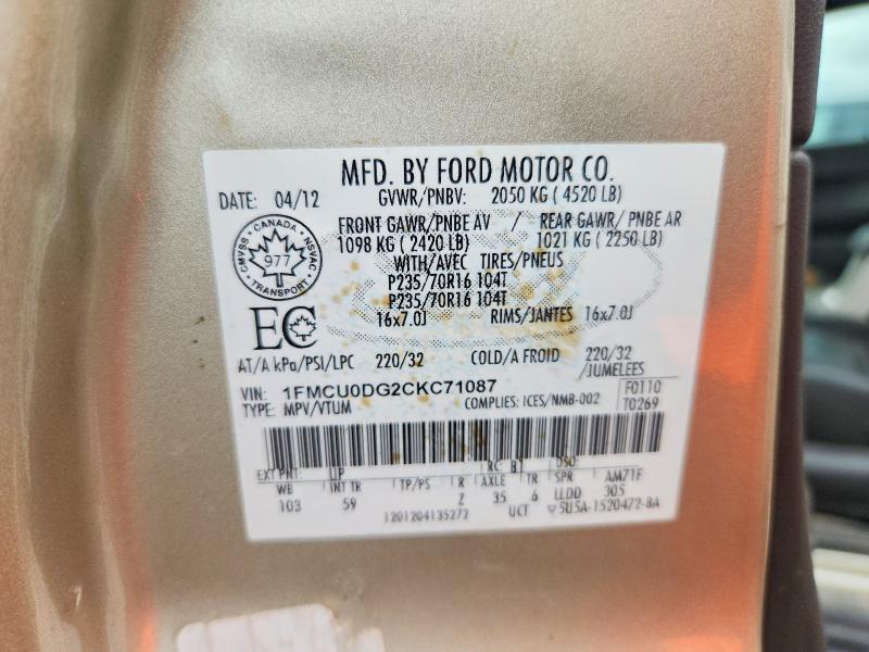 Продажа на аукционе авто 2012 Ford Escape, vin: 1FMCU0DG2CKC71087, номер лота: 58641126