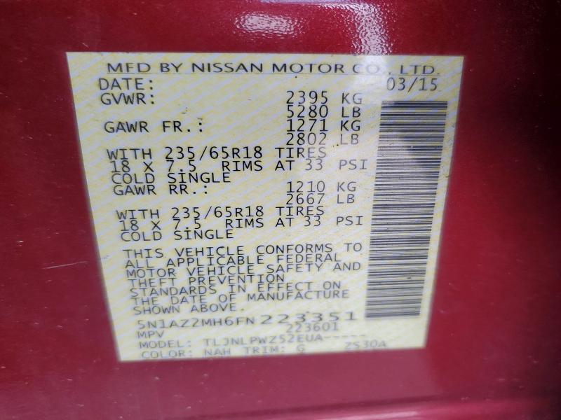 55891626 :رقم المزاد ، 5N1AZ2MH6FN223351 vin ، 2015 Nissan Murano مزاد بيع