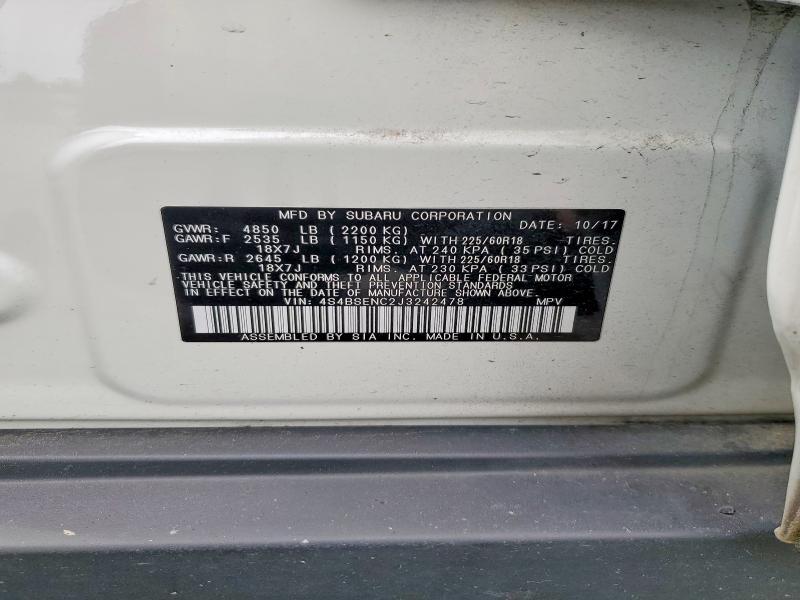 2018 Subaru Outback მანქანა იყიდება აუქციონზე, vin: 4S4BSENC2J3242478, აუქციონის ნომერი: 58009346
