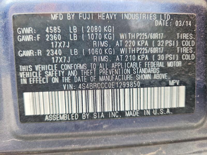 Продажа на аукционе авто 2014 Subaru Outback, vin: 4S4BRCCC0E1299850, номер лота: 58040876