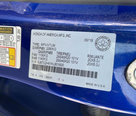 Продажа на аукционе авто 2019 Acura Rdx, vin: 5J8TC2H61KL801600, номер лота: 57857896