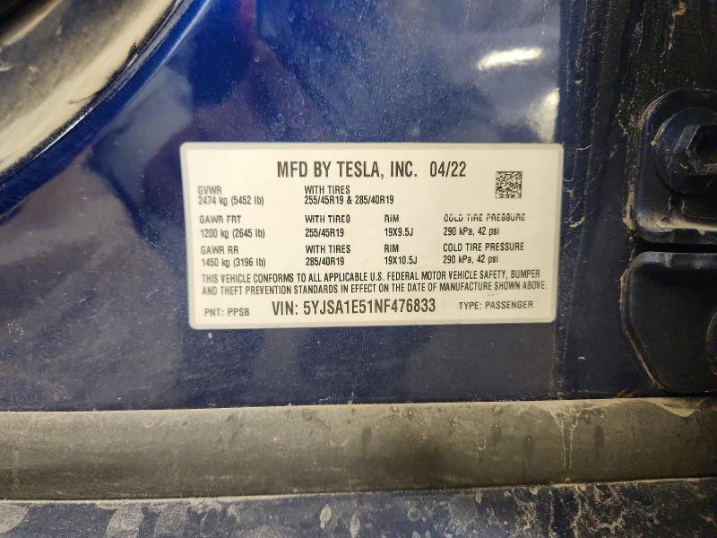 Продажа на аукционе авто 2022 Tesla Model S, vin: 5YJSA1E51NF476833, номер лота: 57875256