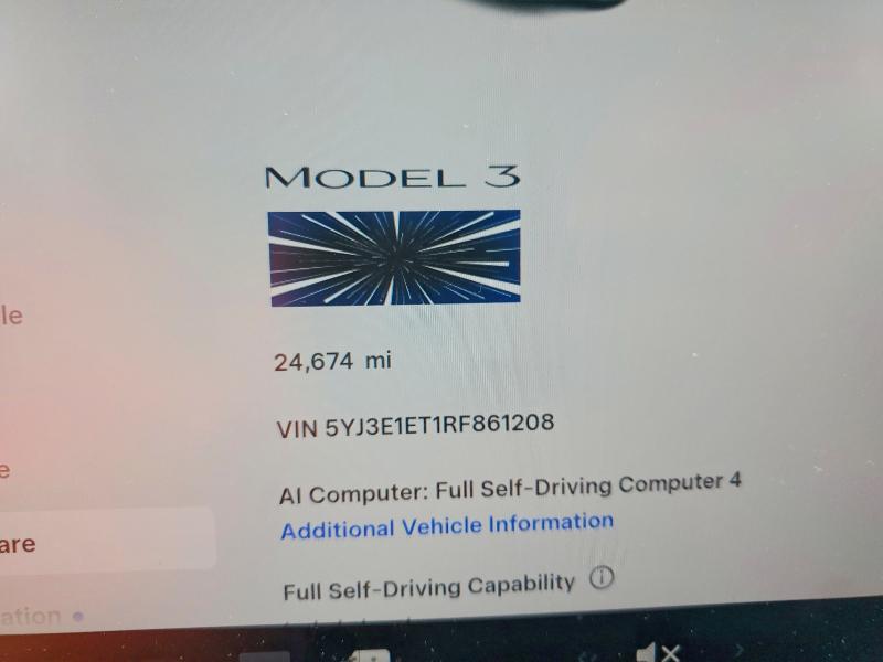 2024 Tesla Model 3 მანქანა იყიდება აუქციონზე, vin: 5YJ3E1ET1RF861208, აუქციონის ნომერი: 56532736