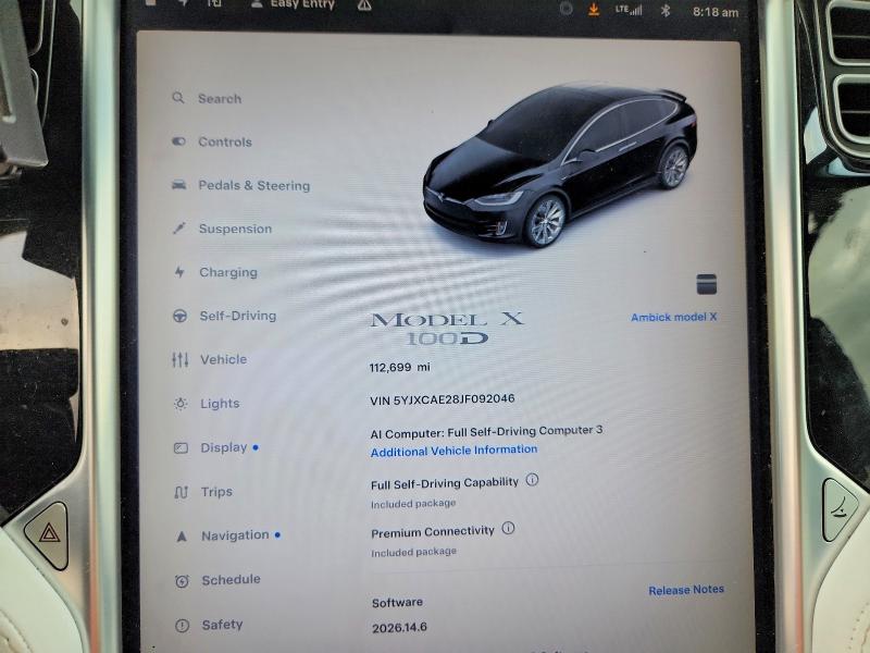 58758466 :رقم المزاد ، 5YJXCAE28JF092046 vin ، 2018 Tesla Model X مزاد بيع