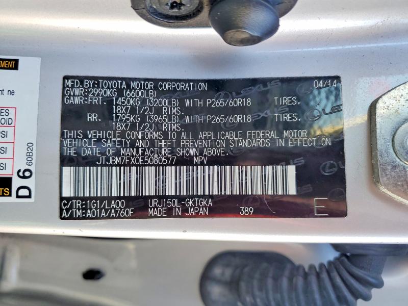 58322136 :رقم المزاد ، JTJBM7FX0E5080577 vin ، 2014 Lexus Gx مزاد بيع