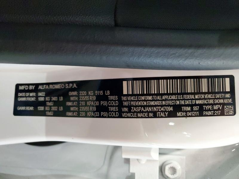 2022 Alfa Romeo Stelvio მანქანა იყიდება აუქციონზე, vin: ZASPAJAN1N7D47094, აუქციონის ნომერი: 58875016