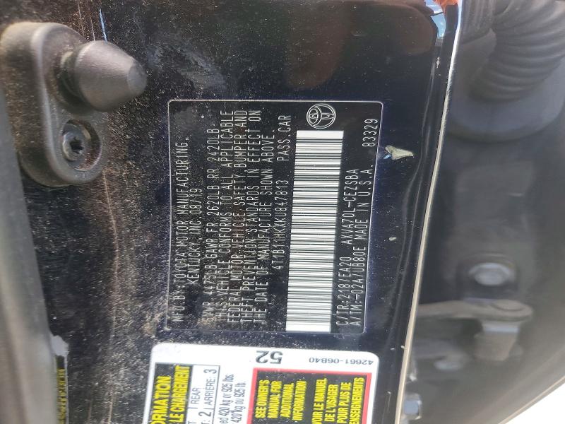 2019 Toyota Camry მანქანა იყიდება აუქციონზე, vin: 4T1B11HKXKU847813, აუქციონის ნომერი: 57418876